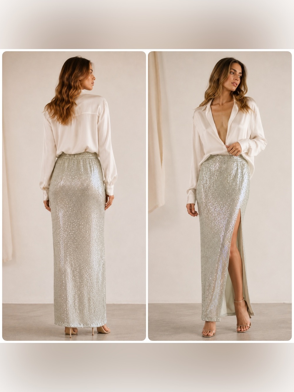 New! Je Te Veux Sequin Maxi Skirt in Icy Sage Green Skirt High Side Slit 🥑 XS
